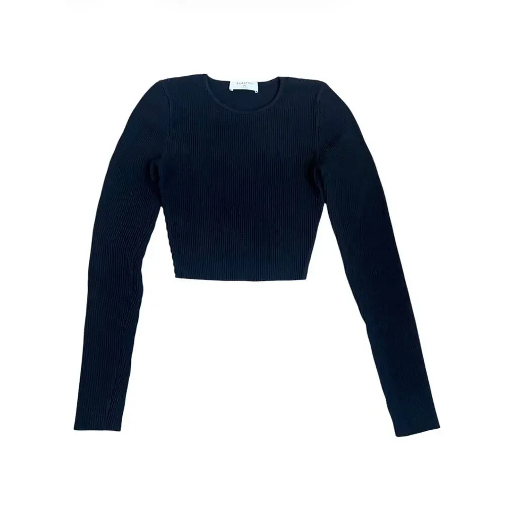 Aritzia Babaton Sculpt Knit Crew Cropped Top Ribbed Long Slv Black Sz XXS